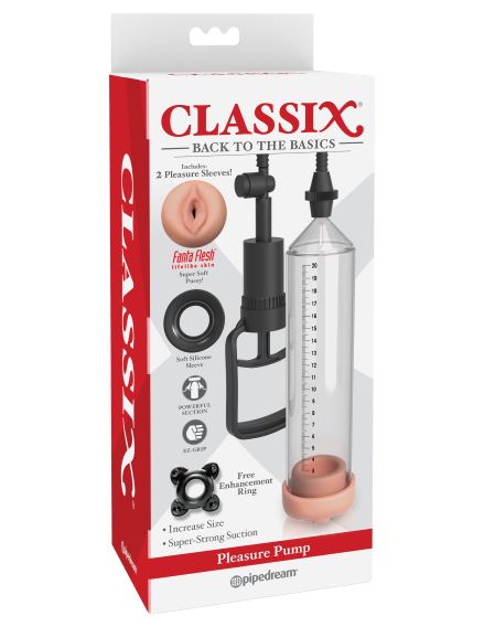 Classix Pleasure Penis Pump from Pipedream Products. Get the size and confidence you have always dreamed about as you watch your cock grow bigger and thicker than ever before! By surrounding your entire shaft with direct vacuum suction