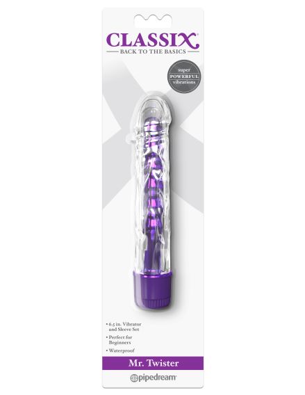 Classix Mr. Twister Purple Metallic Vibe with Thermoplastic Elastomers Sleeve from Pipedream Products. With his crystal clear sleeve and shiny metallic insides