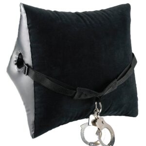Fetish Fantasy Series Deluxe Position Master with Cuffs Black. Let your imagination take you beyond your physical limits with the incredible Deluxe Position Master with Cuffs. This inflatable position pillow has a hollow center designed to anchor a super