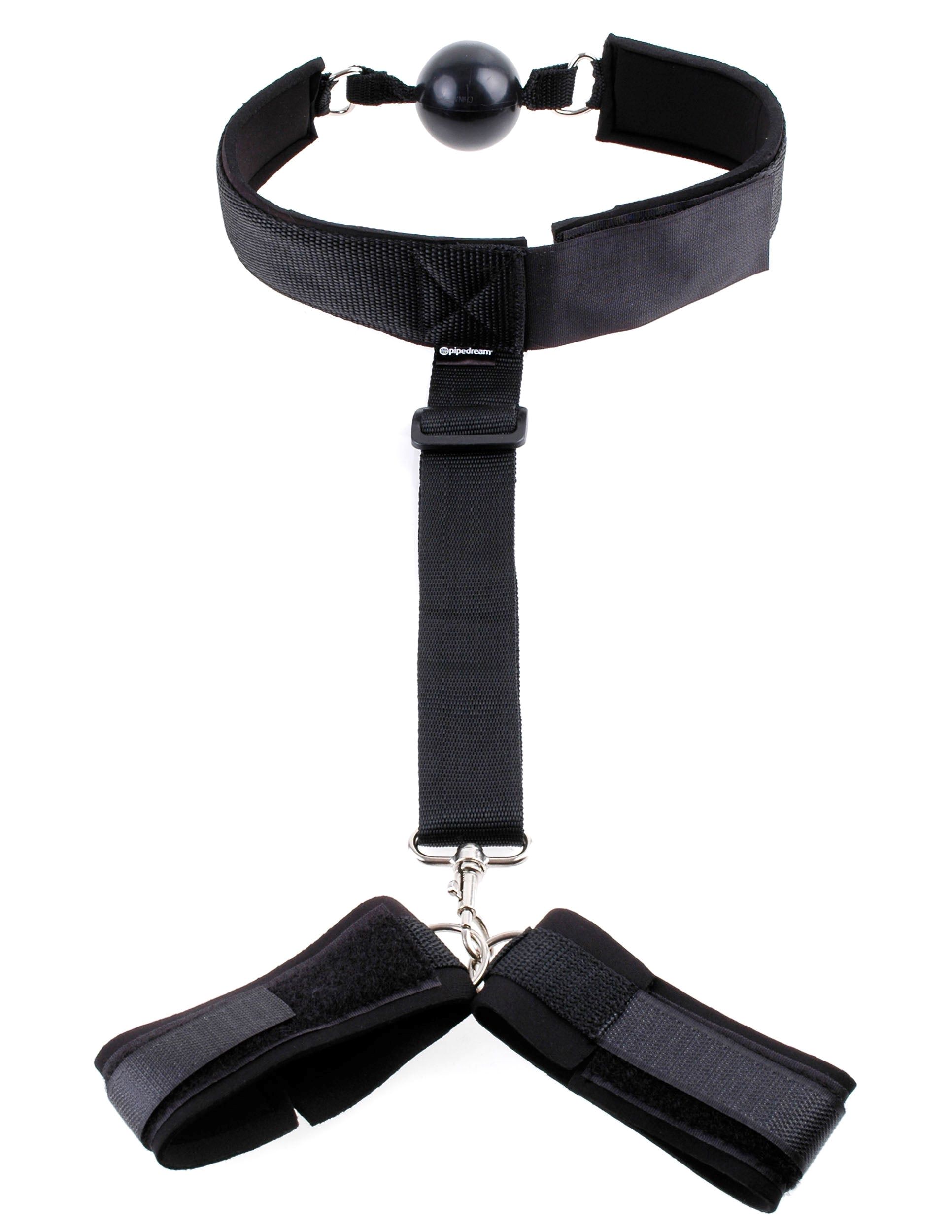 Fetish Fantasy Series Gag and Wrist Restraint Black from Pipedream Products. If you are looking for the ultimate all in one beginner bondage essential