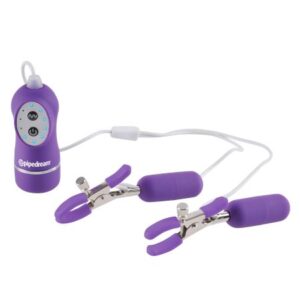 Fetish Fantasy Series 10 Function Vibrating Nipple Clamps Purple. Make your nipples perk with pleasure with these 10 Function Vibrating Nipple Clamps! Made with durable metal clips and covered in super soft rubber liners for exceptional comfort