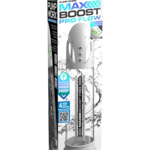 Max Boost Pro Flow White Clear Rechargeable Power Pump from Pipedream Products. Elevate Your Performance and Reclaim Confidence! Experience the power of automatic results while potentially unleashing stronger