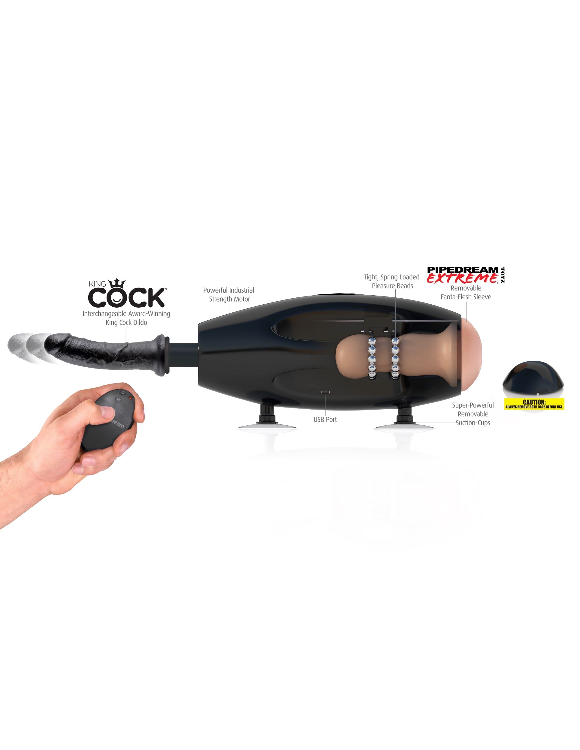 The world's first sex machine designed for couple's play and solo play. International Fetish Fantasy Extreme Sex Machine Black Real Deal from Pipedream Products. 2 award winning brands - King Cock and Real deal. The ultimate pleasure for both partners. Wh