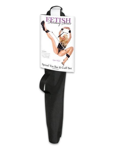 Fetish Fantasy Series Spread Em Bar and Cuff Set from Pipedream Products. Welcome your lover with open arms and legs with this incredible Spread Em Bar and Cuff Set! This kinky set of metal spreader bars will put you or your partner in the right position