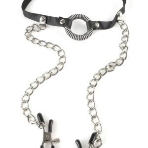 Fetish Fantasy Series O-Ring Gag and Nipple Clamps Set from Pipedream Products. Get your lover to open wide and say AHHH with this naughty O-Ring Gag with Nipple Clamps. The gag consists of a small metal O-ring wrapped in faux leather