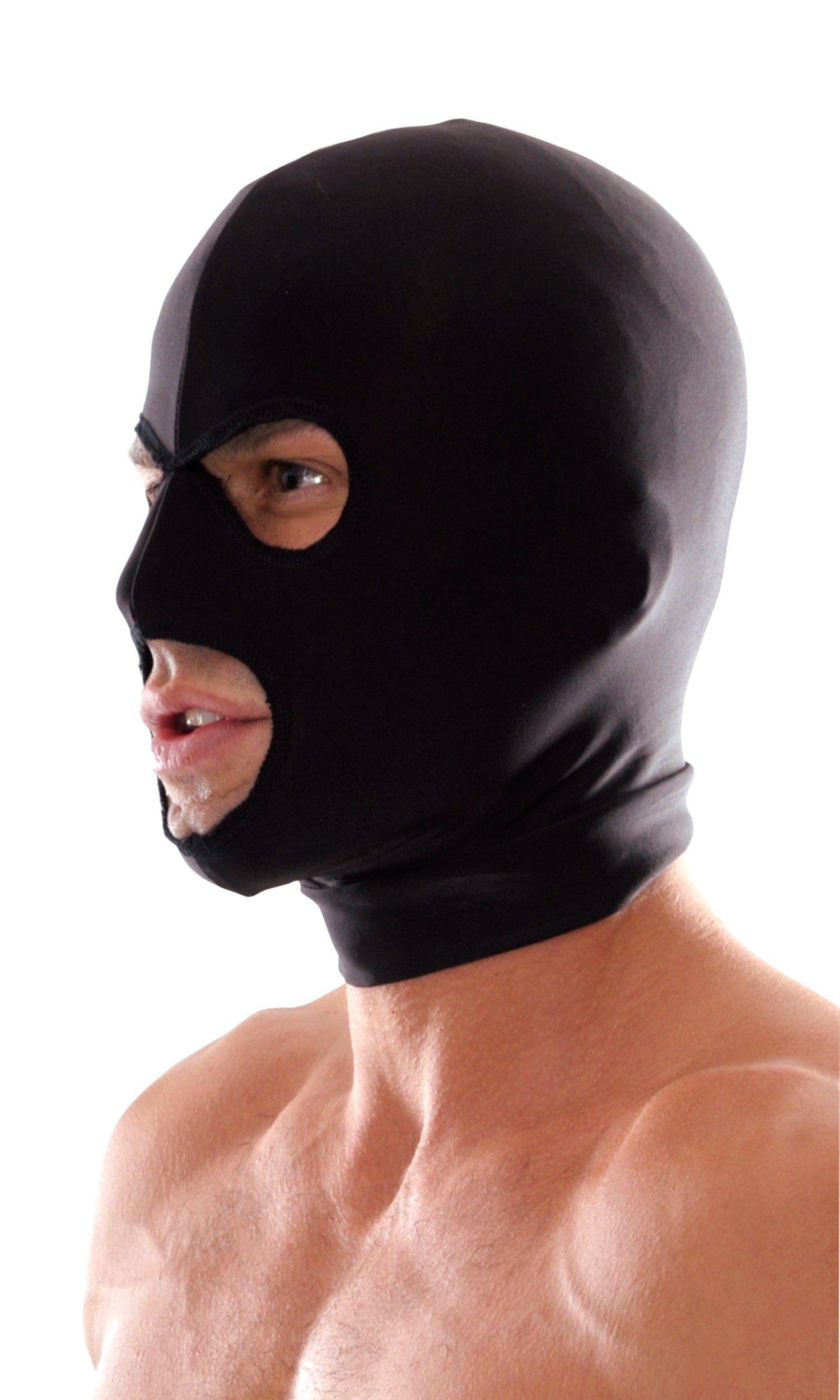 Fetish Fantasy Spandex 3 Hole Hood from Pipedream Products. Perfect for first timers. Keep your submissive incognito with this Spandex 3 Hole Hood. This comfortable open mouth and eyes hood is designed to stretch completely over the head