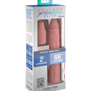 Fantasy X-Tensions Elite 8 inches Sleeve with 2 inches Plug Beige Light Skin Tone from Pipedream Products. Instantly transform your penis into a pleasure machine with Fantasy X-Tensions Elite! Made from ultra hygienic Elite Silicone
