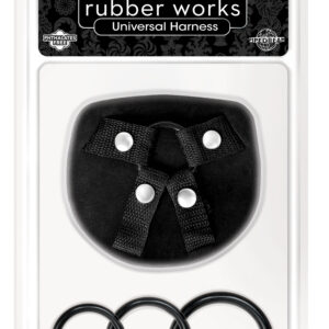 Basix Rubber Works Universal Harness from Pipedream Products. The Basix Universal Harness is available in Regular and Plus Size and includes 3 silicone rings. Each sold separately. Easy to adjust and fun to use for sexy strap on play. Most of the Basix di