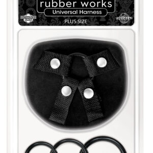 Basix Rubber Works Universal Harness Plus Size from Pipedream Products. The Basix Universal Harness is available in Regular and Plus Size and includes 3 Silicone rings. Each sold separately. Easy to adjust and fun to use for sexy strap on play. Most of th