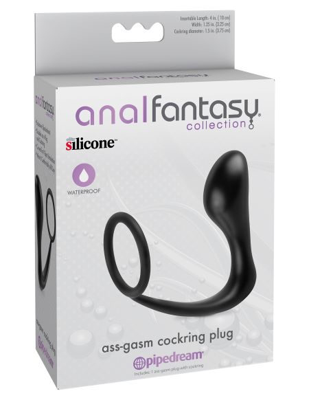 Anal Fantasy Collection Ass-Gasm Cock Ring Plug from Pipedream Products. Enjoy the most explosive ejaculations ever with the Ass Gasm Cock Ring Plug. Made entirely from silky smooth Elite Silicone