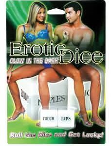 Glow In The Dark Erotic Dice  from Pipedream Products. Each Get the good times rolling and break the ice with these erotic dice. It is easy to score when you have these glow-in-the-dark gems in your pocket. Just turn down the lights and roll the dice! One