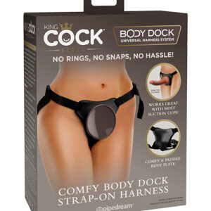 King Cock Elite Comfy Body Dock Strap On Harness from Pipedream Products. The patented Comfy Body Dock Strap On Harness takes strap on play to a whole new level! It is as simple as attaching your favorite King Cock Elite silicone dildo or any dildo/ vi