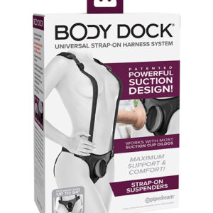 Body Dock Strap On Suspenders from Pipedream Products. No rings. No snaps. No hassle! Push and Play Patented Powerful Suction Design. The patented Body Dock Strap On Suspenders take strap on play to a whole new level! They are not just stylish