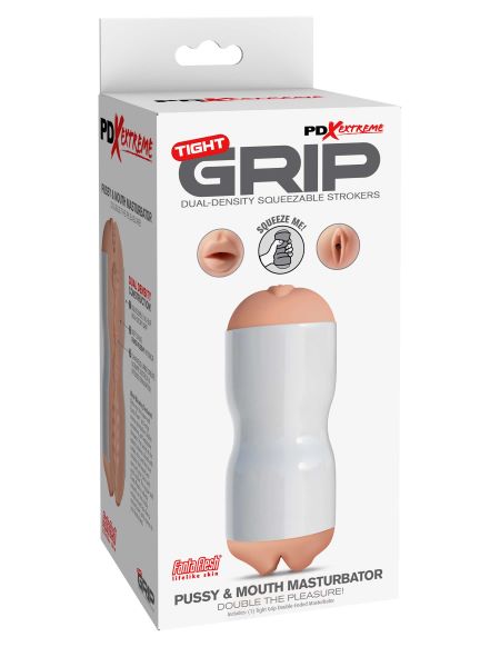 PDX Extreme Tight Grip Pussy and Mouth Masturbator Beige White/Light from Pipedream Products. Get a tight grip on your next stroking session with this incredible dual density stroker! Experience the tightest