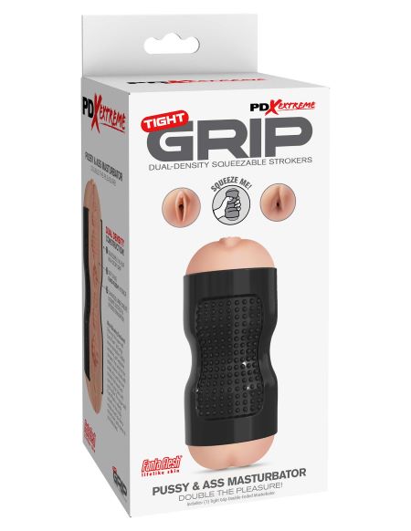 PDX Extreme Tight Grip Pussy and Ass Masturbator Beige Stroker Black case. Get a tight grip on your next stroking session with this incredible dual density stroker! Experience the tightest