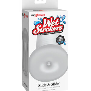 PDX Extreme Wet Stroker Slide and Glide Frosted Clear Masturbator. No lube needed. Just add water! Interior pleasure tunnel. Realistic material that is easy to squeeze. You have cum to the right place