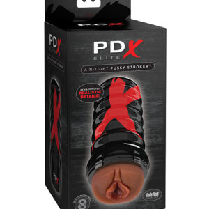 PDX Elite Air Tight Pussy Stroker Dark Brown Sleeve Black Case. Air tight suction ensures that tip in or balls deep