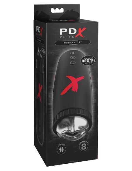 PDX Elite Moto Bator Stroker from PDX Brands. Experience the ultimate hands free experience! Intense suction and powerful piston action thrusting gives you intensified orgasms and maximum pleasure! Suction and thrusting can be enjoyed both together and se