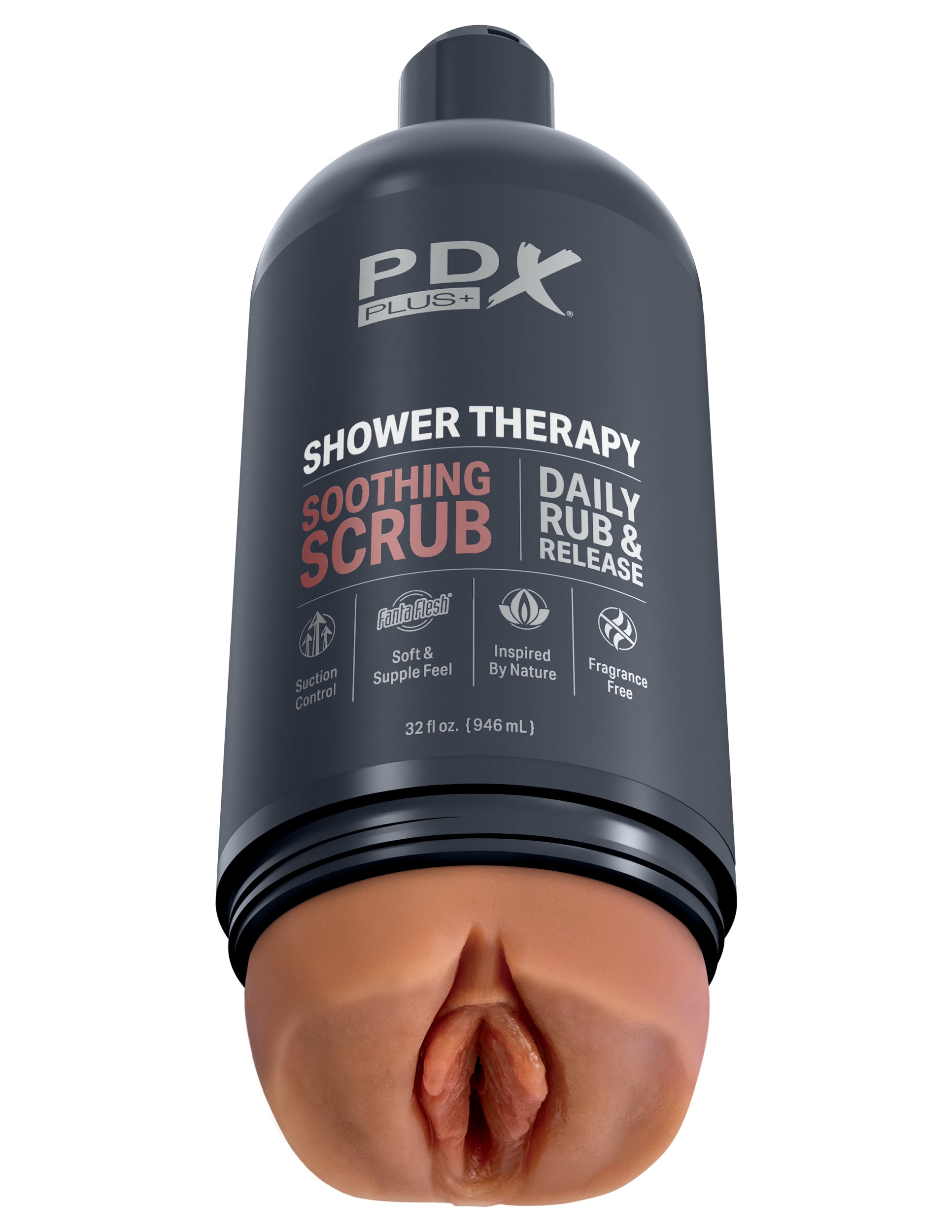 PDX Shower Therapy Soothing Scrub Tan Skin Tone from Pipedream Products. Tired of compromising on your self care routine? Then take charge and elevate your pleasure game with Shower Therapy. The shampoo bottle crafted exclusively for discerning gentlemen
