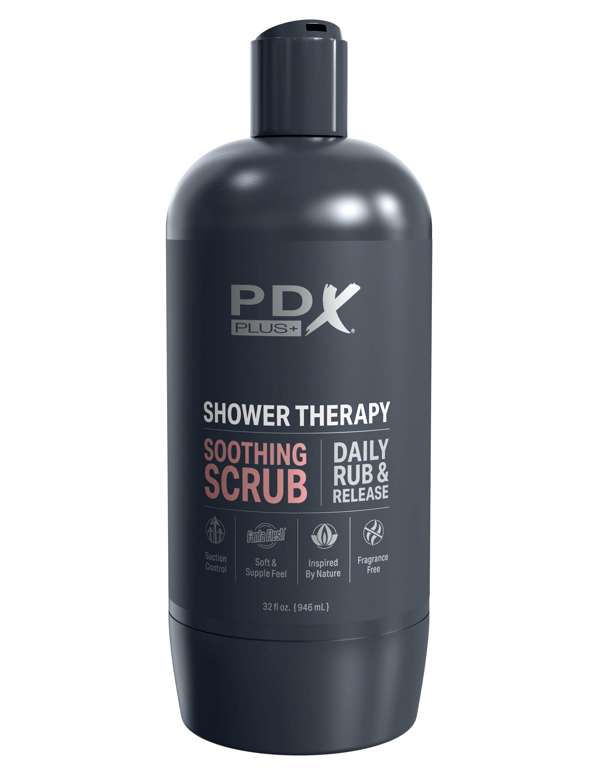 PDX Shower Therapy Soothing Scrub Tan Skin Tone from Pipedream Products. Tired of compromising on your self care routine? Then take charge and elevate your pleasure game with Shower Therapy. The shampoo bottle crafted exclusively for discerning gentlemen