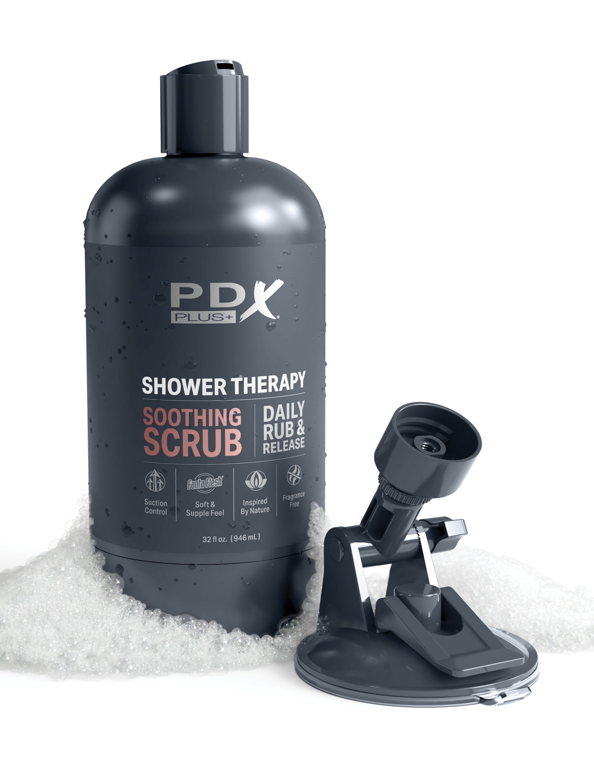 PDX Shower Therapy Soothing Scrub Tan Skin Tone from Pipedream Products. Tired of compromising on your self care routine? Then take charge and elevate your pleasure game with Shower Therapy. The shampoo bottle crafted exclusively for discerning gentlemen