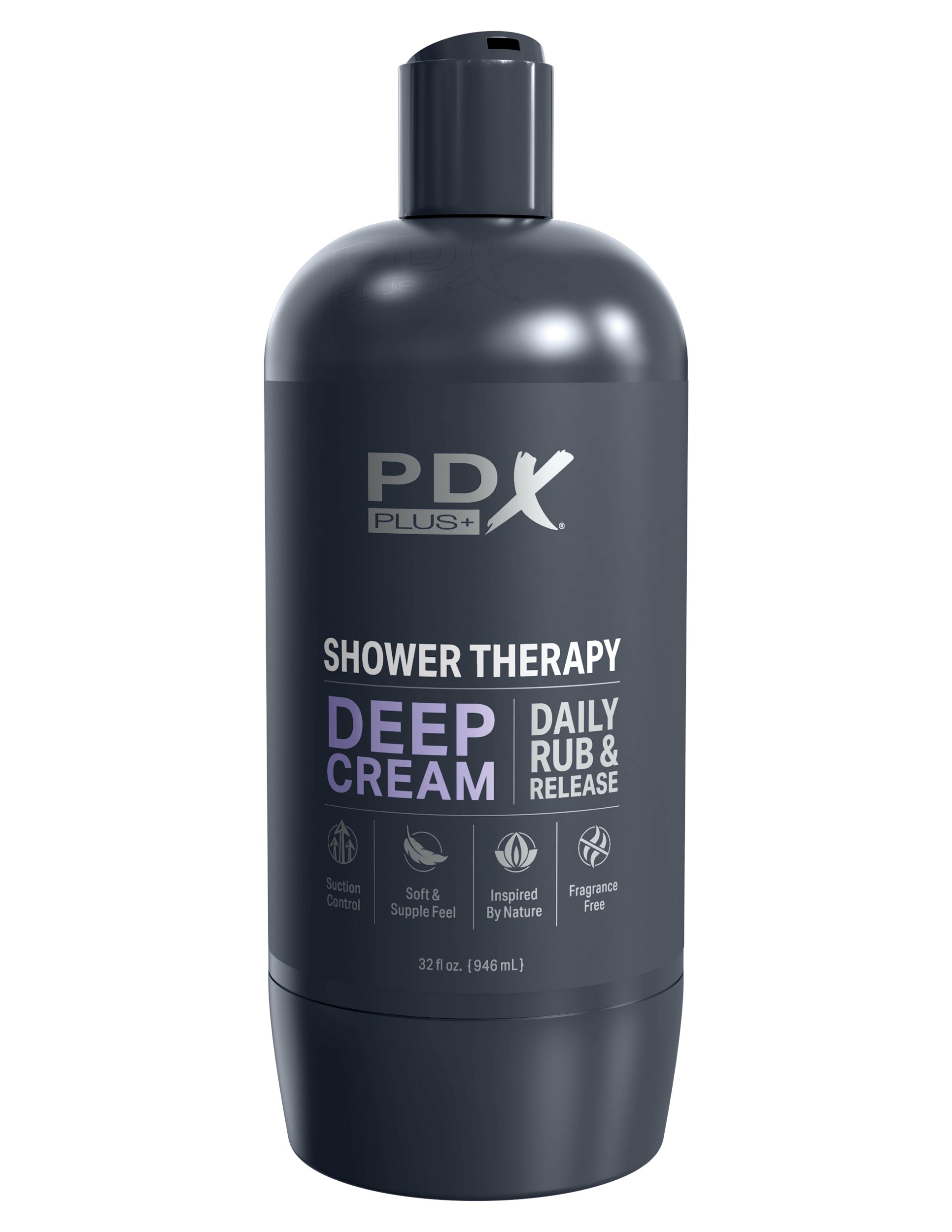 PDX Shower Therapy Deep Cream Frosted from Pipedream Products.Tired of compromising on your self care routine? Then take charge and elevate your pleasure game with Shower Therapy. The shampoo bottle crafted exclusively for discerning gentlemen just like y
