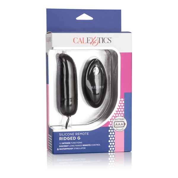 Silicone Remote Ridged G Black Vibrator from California Exotic Novelties. Elevate your intimate play time fun with the Silicone Remote Ridged G. The erotically contoured and compact massager boasts 12 intense functions of vibration