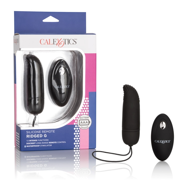 Silicone Remote Ridged G Black Vibrator from California Exotic Novelties. Elevate your intimate play time fun with the Silicone Remote Ridged G. The erotically contoured and compact massager boasts 12 intense functions of vibration