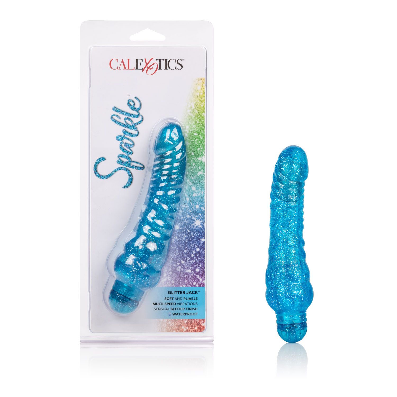Sparkle Glitter Jack Blue Vibrating Dildo from Cal Exotic Novelties. The Sparkle Glitter Jack vibrator delivers mind blowing vibrations into a dazzling curved and ribbed package. With an easy to use vibration speed dial and waterproof design