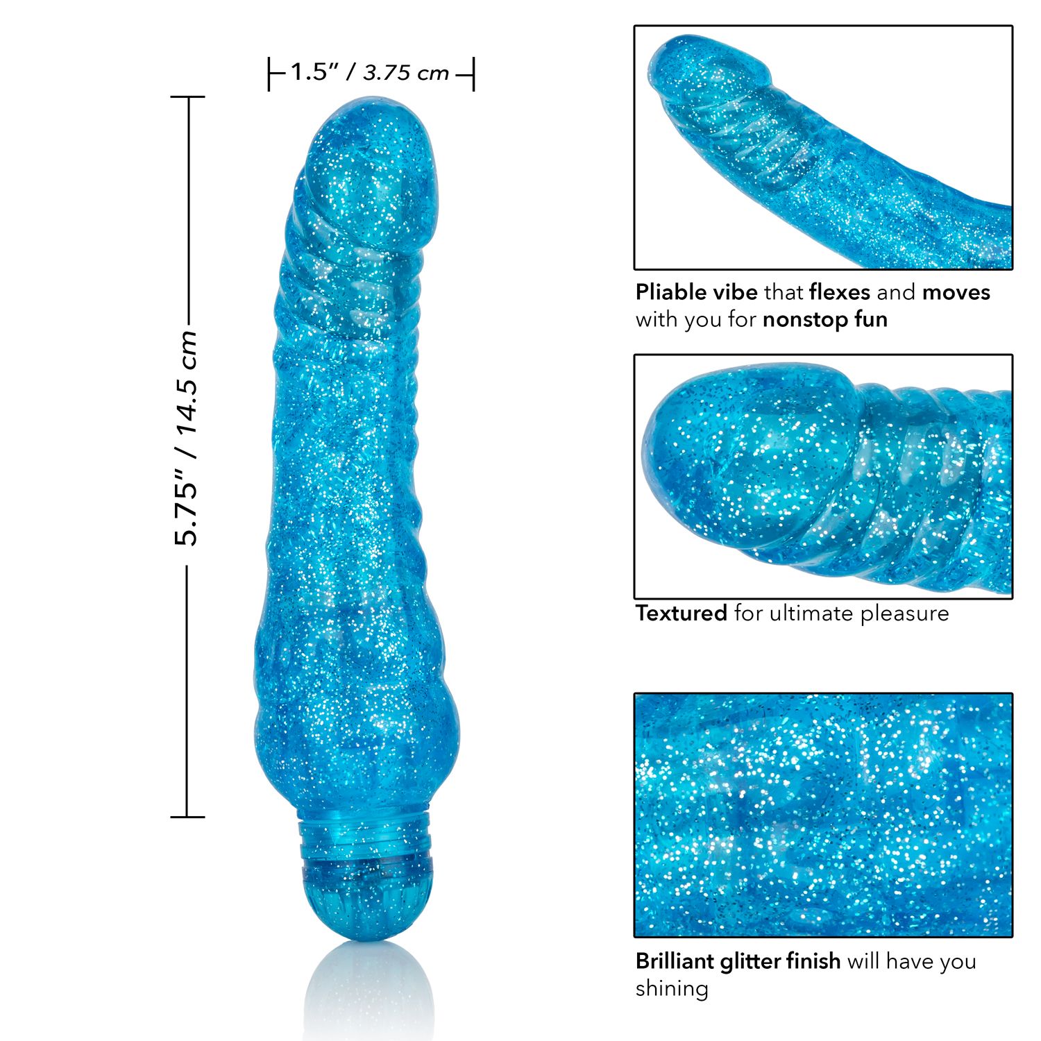 Sparkle Glitter Jack Blue Vibrating Dildo from Cal Exotic Novelties. The Sparkle Glitter Jack vibrator delivers mind blowing vibrations into a dazzling curved and ribbed package. With an easy to use vibration speed dial and waterproof design