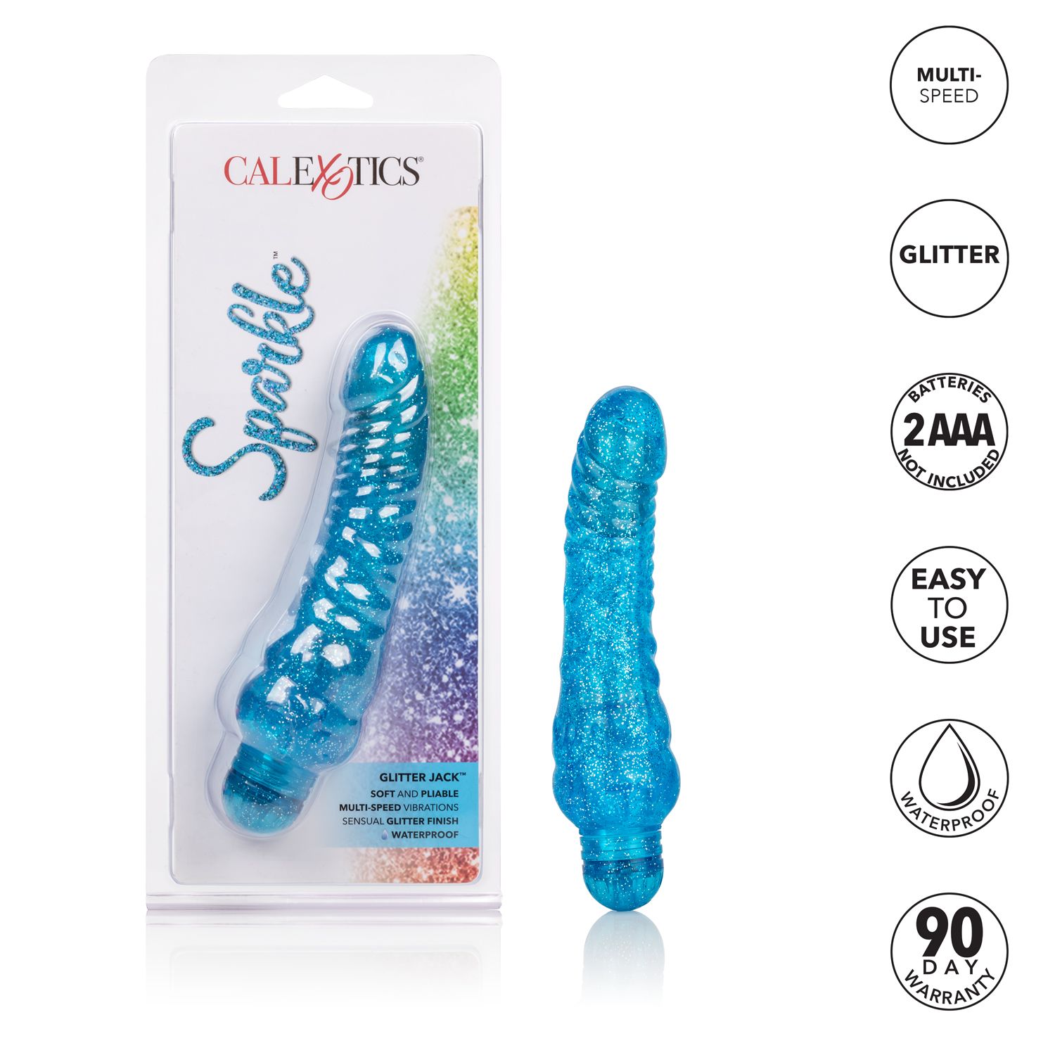 Sparkle Glitter Jack Blue Vibrating Dildo from Cal Exotic Novelties. The Sparkle Glitter Jack vibrator delivers mind blowing vibrations into a dazzling curved and ribbed package. With an easy to use vibration speed dial and waterproof design