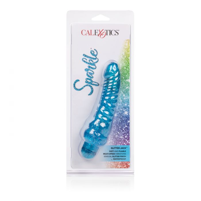 Sparkle Glitter Jack Blue Vibrating Dildo from Cal Exotic Novelties. The Sparkle Glitter Jack vibrator delivers mind blowing vibrations into a dazzling curved and ribbed package. With an easy to use vibration speed dial and waterproof design