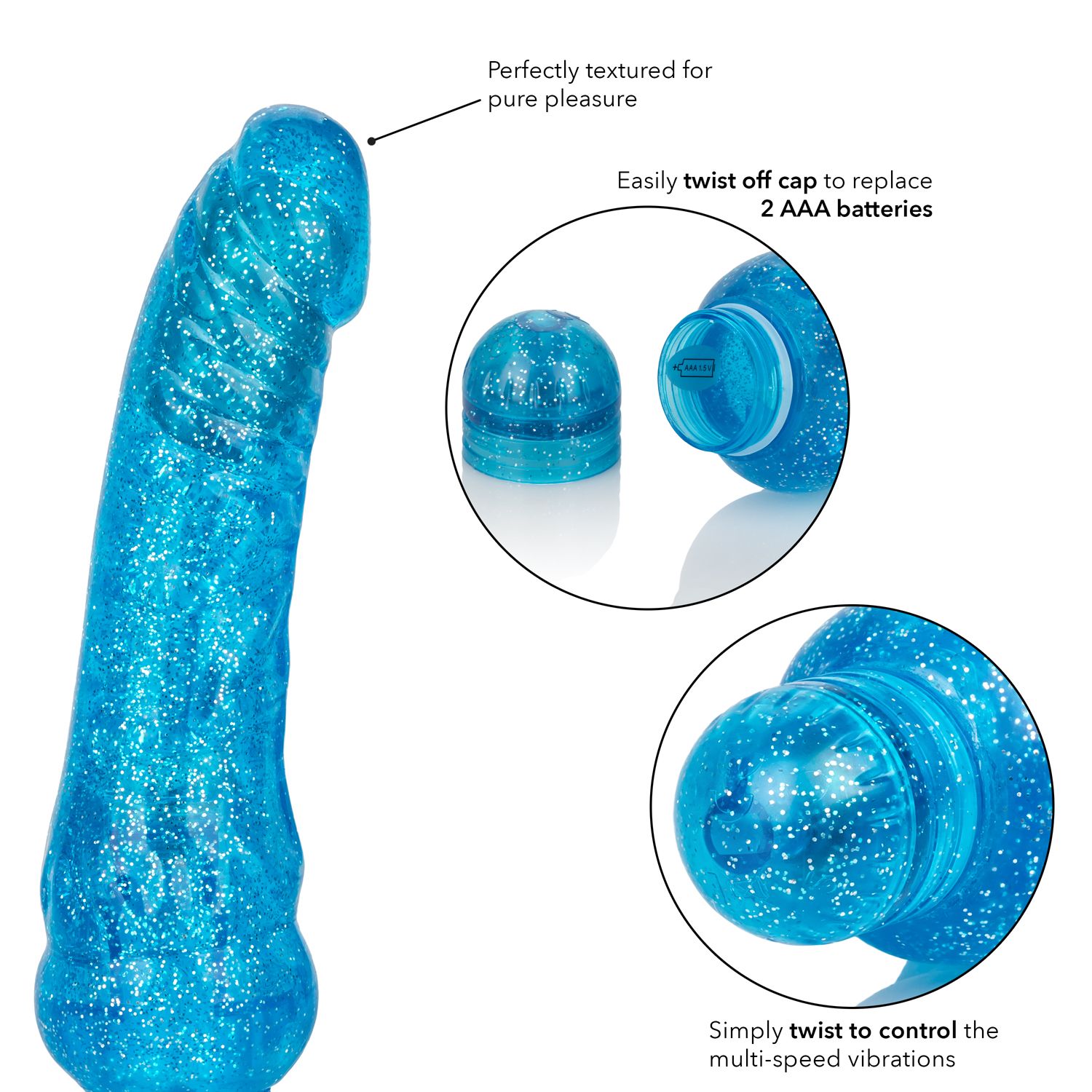 Sparkle Glitter Jack Blue Vibrating Dildo from Cal Exotic Novelties. The Sparkle Glitter Jack vibrator delivers mind blowing vibrations into a dazzling curved and ribbed package. With an easy to use vibration speed dial and waterproof design
