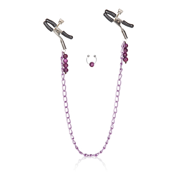 Nipple Clamps Purple Chain with Navel Ring is a matching set of body jewelry. Totally adjustable rubber coated nipple clamps with a non-tarnishing purple chain and purple bead navel ring. Adjustable nipple clamps are easy to change pinch