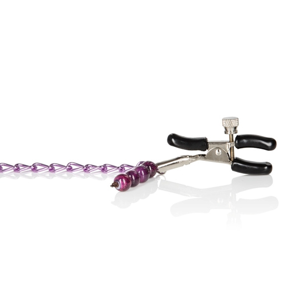 Nipple Clamps Purple Chain with Navel Ring is a matching set of body jewelry. Totally adjustable rubber coated nipple clamps with a non-tarnishing purple chain and purple bead navel ring. Adjustable nipple clamps are easy to change pinch