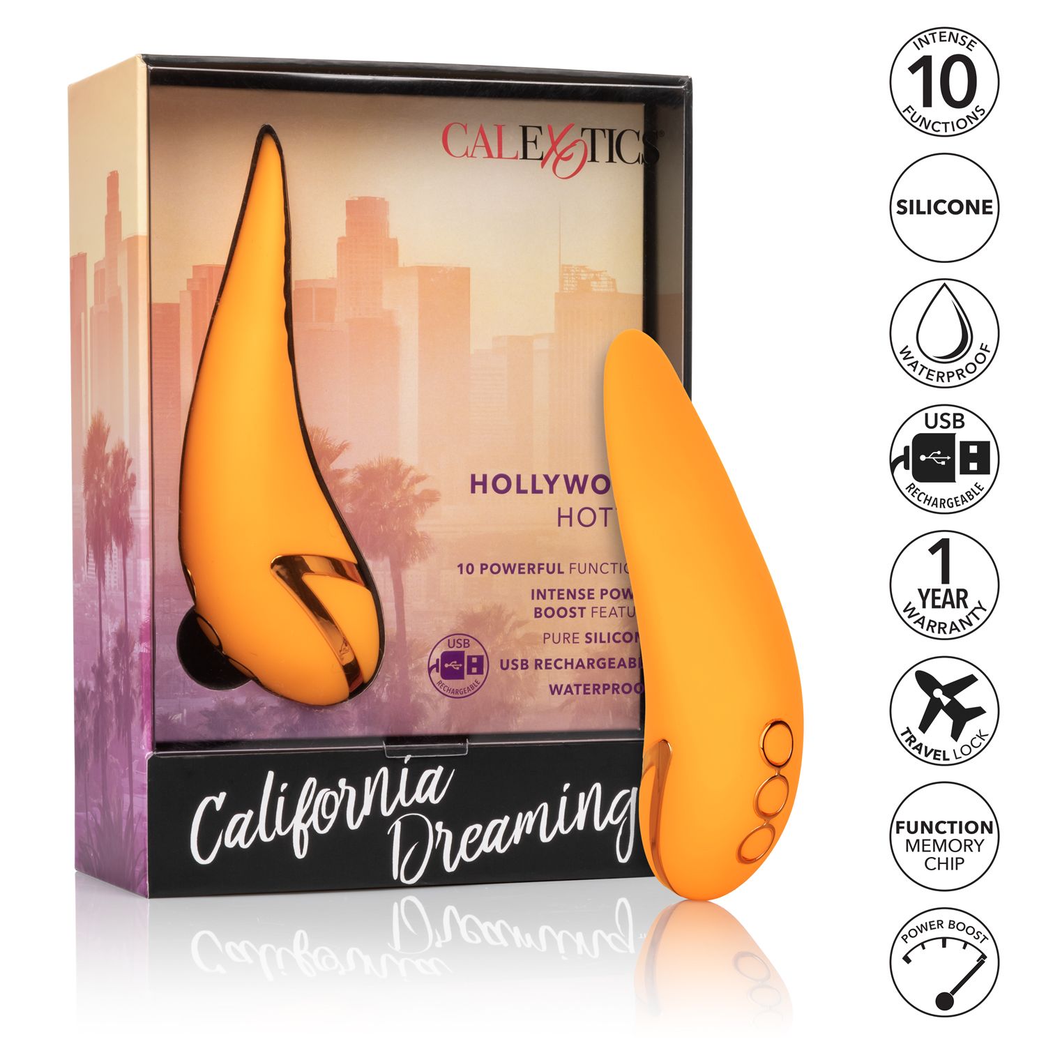 Indulge in wave after wave of pleasure as the California Dreaming Hollywood Hottie massager flickers against your most sensual sweet spots. The 10 intense vibration functions