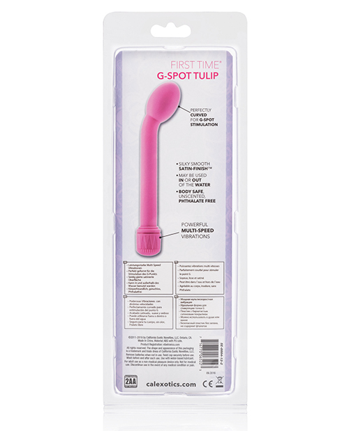First Time G Spot Tulip Vibe Pink Pleasure Toys Hard Vibrator from California Exotic Novelties. Velvety soft pleasure products designed for first time or experienced users. The velvety soft First Time Power G is a stylish pleasure tool that is designed to