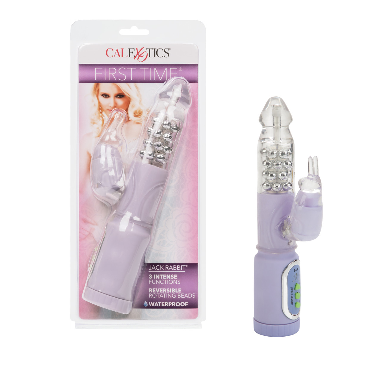 First Time Jack Rabbit Purple Dual Stimulator Pleasure Toys Vibrator from California Exotic Novelties. Powerful and waterproof 3 function vibrator. Velvety soft dual stimulating sex toy for women features a realistic clear phallic shaped probe stimulates