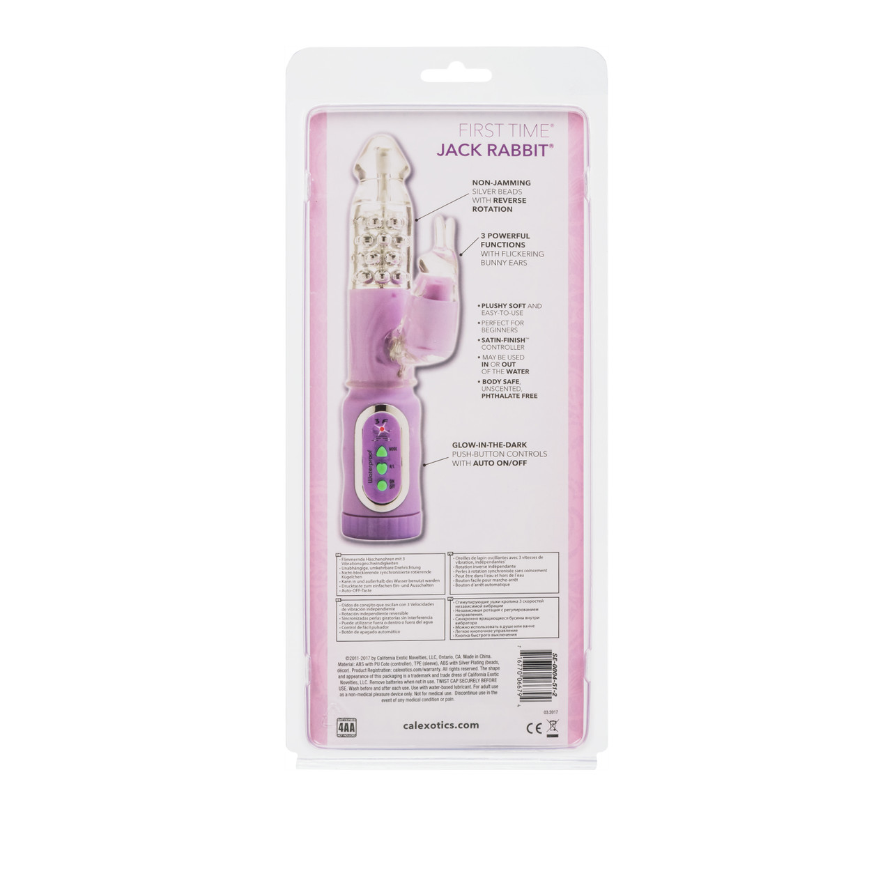 First Time Jack Rabbit Purple Dual Stimulator Pleasure Toys Vibrator from California Exotic Novelties. Powerful and waterproof 3 function vibrator. Velvety soft dual stimulating sex toy for women features a realistic clear phallic shaped probe stimulates