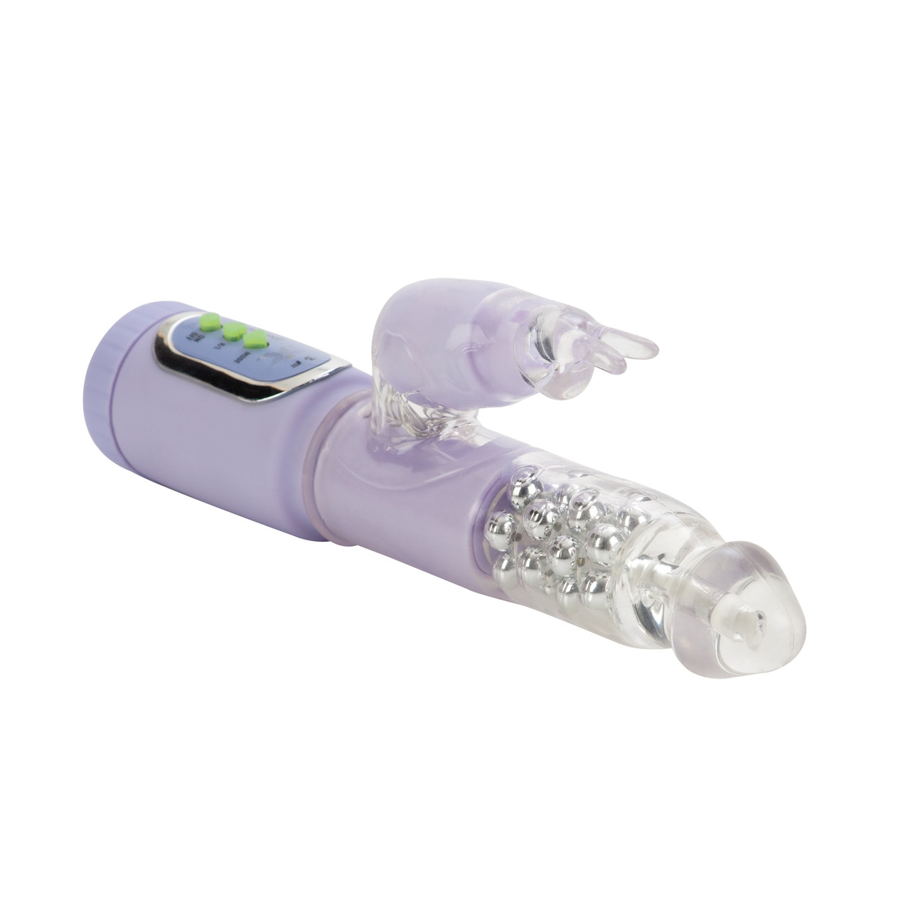 First Time Jack Rabbit Purple Dual Stimulator Pleasure Toys Vibrator from California Exotic Novelties. Powerful and waterproof 3 function vibrator. Velvety soft dual stimulating sex toy for women features a realistic clear phallic shaped probe stimulates