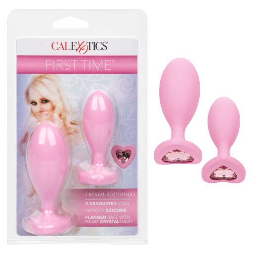 First Time Love Crystal Booty Duo Pink from California Exotic Novelties. Indulge your naughtiest fantasies and open yourself up to thrilling back door play with the First Time Crystal Booty Duo. This play ready kit includes 2 graduated anal plugs with daz
