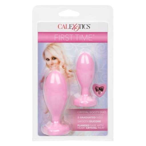 First Time Love Crystal Booty Duo Pink from California Exotic Novelties. Indulge your naughtiest fantasies and open yourself up to thrilling back door play with the First Time Crystal Booty Duo. This play ready kit includes 2 graduated anal plugs with daz