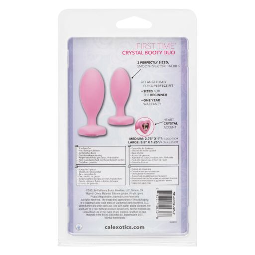 First Time Love Crystal Booty Duo Pink from California Exotic Novelties. Indulge your naughtiest fantasies and open yourself up to thrilling back door play with the First Time Crystal Booty Duo. This play ready kit includes 2 graduated anal plugs with daz