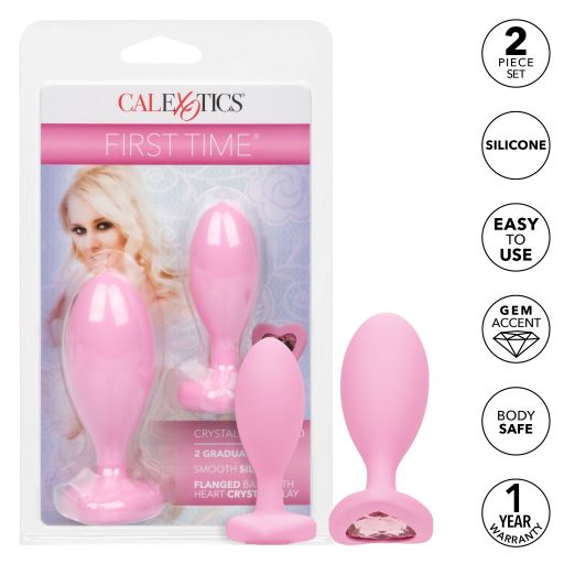 First Time Love Crystal Booty Duo Pink from California Exotic Novelties. Indulge your naughtiest fantasies and open yourself up to thrilling back door play with the First Time Crystal Booty Duo. This play ready kit includes 2 graduated anal plugs with daz