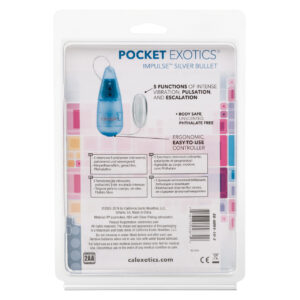 Pocket Exotic Impulse Pocket Pak Silver Bullet Vibrator from California Exotic Novelties. Experience 5 levels of intensity with this silver bullet. Powerful functions of vibration and pulsation. 2 vibration settings