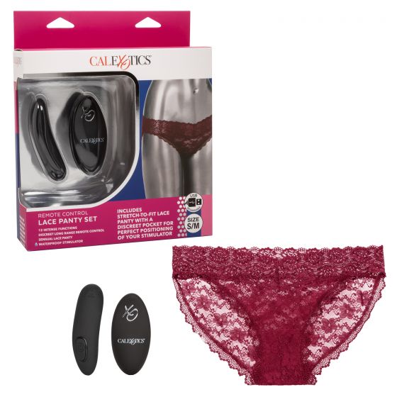 Remote Control Lace Panty Set S/M Burgundy from California Exotic Novelties. Indulge in your newest dirty little secret with the Remote Control Panty Set. This sexy set includes a stretch to fit cheeky panty