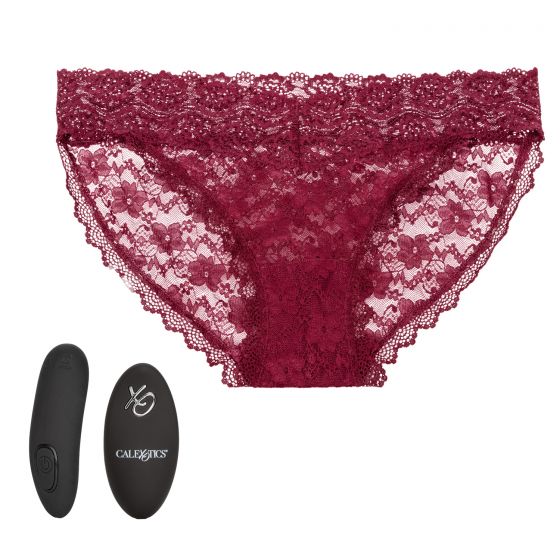 Remote Control Lace Panty Set L/XL Burgundy from California Exotic Novelties. Indulge in your newest dirty little secret with the Remote Control Panty Set. This sexy set includes a stretch to fit cheeky panty