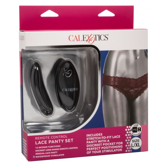 Remote Control Lace Panty Set L/XL Burgundy from California Exotic Novelties. Indulge in your newest dirty little secret with the Remote Control Panty Set. This sexy set includes a stretch to fit cheeky panty