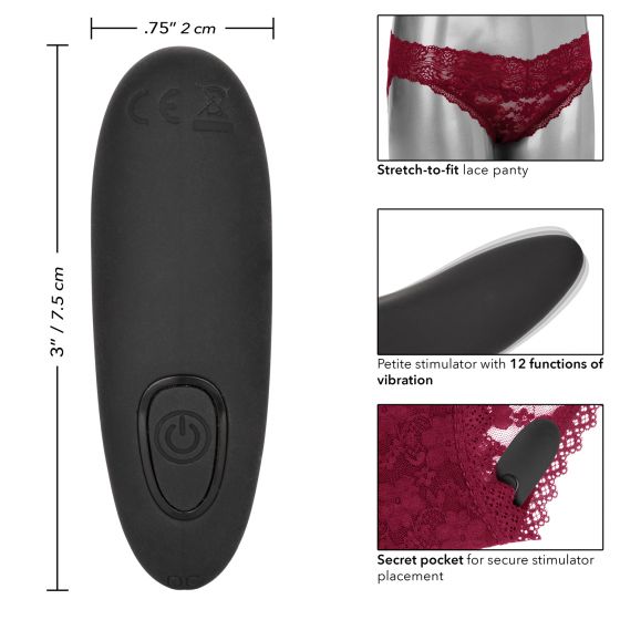 Remote Control Lace Panty Set L/XL Burgundy from California Exotic Novelties. Indulge in your newest dirty little secret with the Remote Control Panty Set. This sexy set includes a stretch to fit cheeky panty