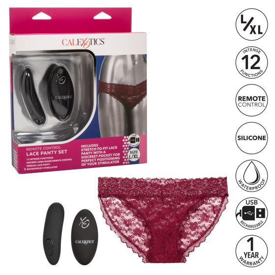 Remote Control Lace Panty Set L/XL Burgundy from California Exotic Novelties. Indulge in your newest dirty little secret with the Remote Control Panty Set. This sexy set includes a stretch to fit cheeky panty
